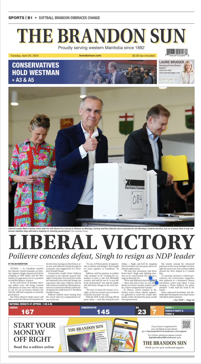 Today’s <a href="/thebrandonsun/">The Brandon Sun 🇨🇦</a> front page. #bdnmb #cdnpolitics #cdnpoli