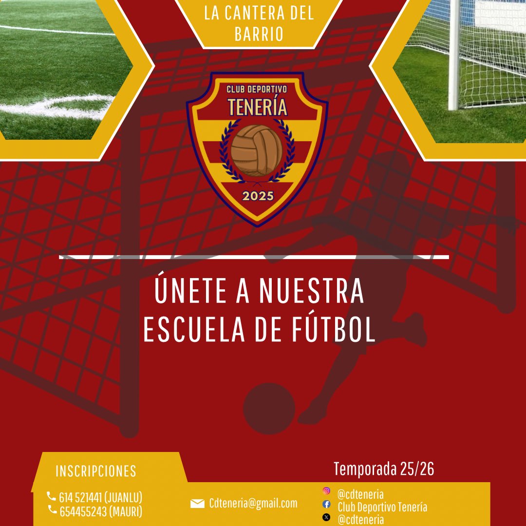 ¡YA ESTAMOS AQUÍ! Nace el C.D. TENERÍA, un ilusionante proyecto que nace para ser la cantera del barrio y hacer crecer el fútbol pinteño.

Contacta con nosotros y síguenos en nuestras redes sociales para estar informado!

#CDTeneria #futbolbase #Pinto #Madrid #lacanteradelbarrio