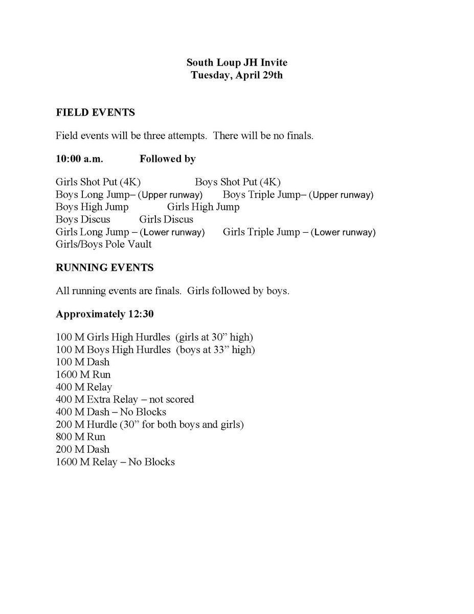 It is shaping up to be a beautiful day for our JH Track Invite today in Arnold. Here is our schedule of events.