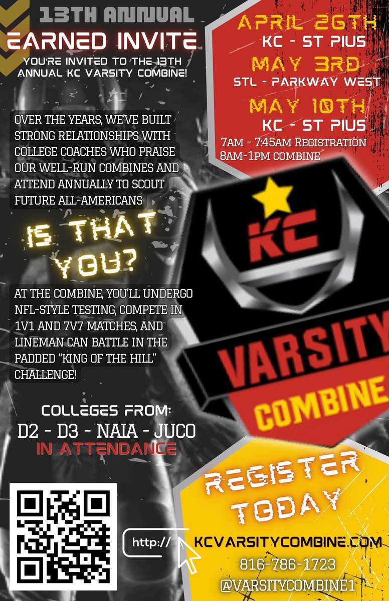 Looking forward to competing at <a href="/Varsitycombine1/">KC Varsity Combines</a> in STL on May 3! Thanks for the invite <a href="/JPRockMO/">JP Rock</a>! 

<a href="/RSHS_Football/">Summit Football</a> 
<a href="/RSHSsports/">RSHS Falcon Sports</a>
<a href="/PrepRedzoneMO/">Prep Redzone Missouri</a> 
<a href="/GSV_STL/">Gateway Sports Venue</a>
<a href="/6starfootballMO/">Six Star Football | MISSOURI</a>