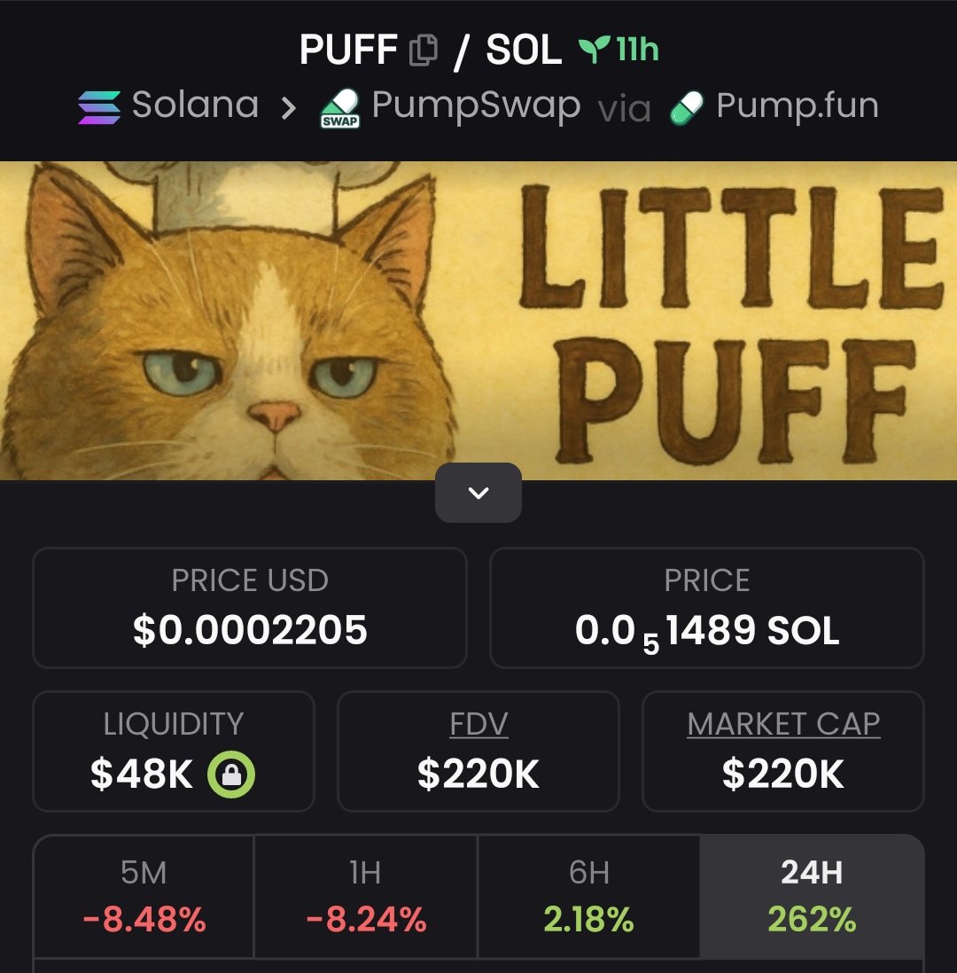 If you're looking for proof that big wins in crypto are possible, look no further! I started with a modest $5.3k mcap in $PUFF , and now? We’ve skyrocketed to an incredible $220k! 🔥🔥 Follow me RIGHT NOW+Join my VIP Tg 

CA 🚀 
5241BVJpTDscdFM5bTmeuchBcjXN5sasBywyF7onkJZP