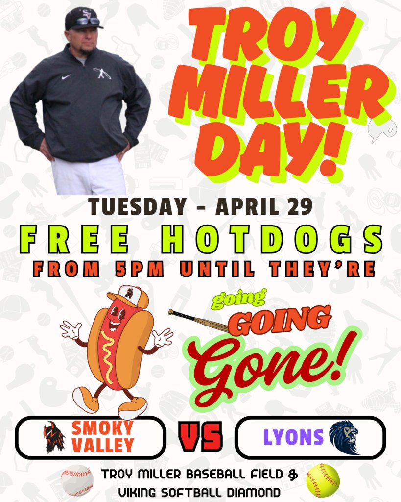 Home Baseball (3:00) and Softball (3:30) vs. Lyons today! It's Troy Miller Day at the games - free hotdogs at 5:00! Go Vikes!! #SVstrong #RollOnSV