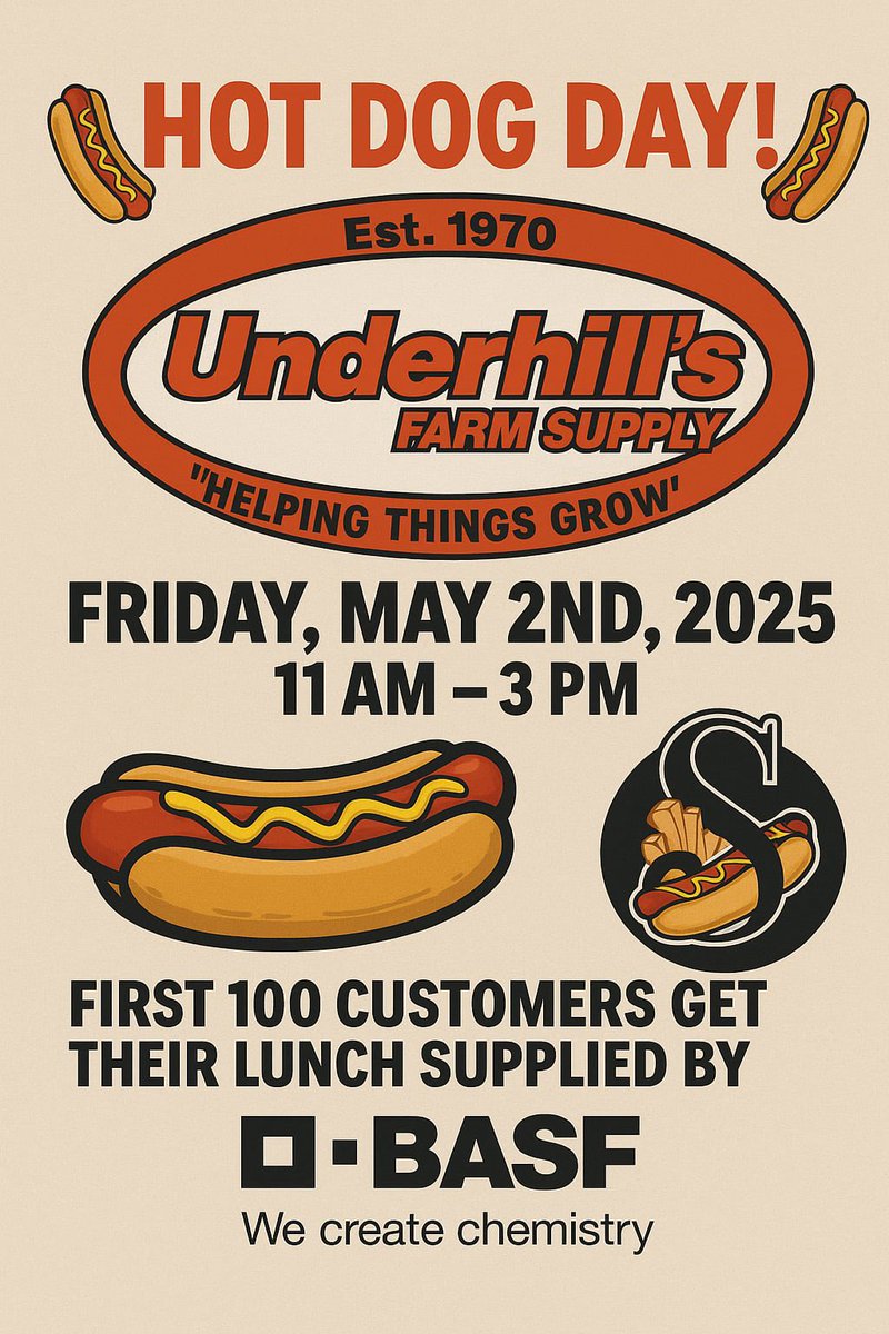 We know you’re fielding a lot this spring, but lunch is important! 🌭🚜
The first 100 customers from 11:00–3:00 on May 2nd will receive a free lunch on BASF. 
And stay tuned—our second BASF-sponsored lunch is coming soon!