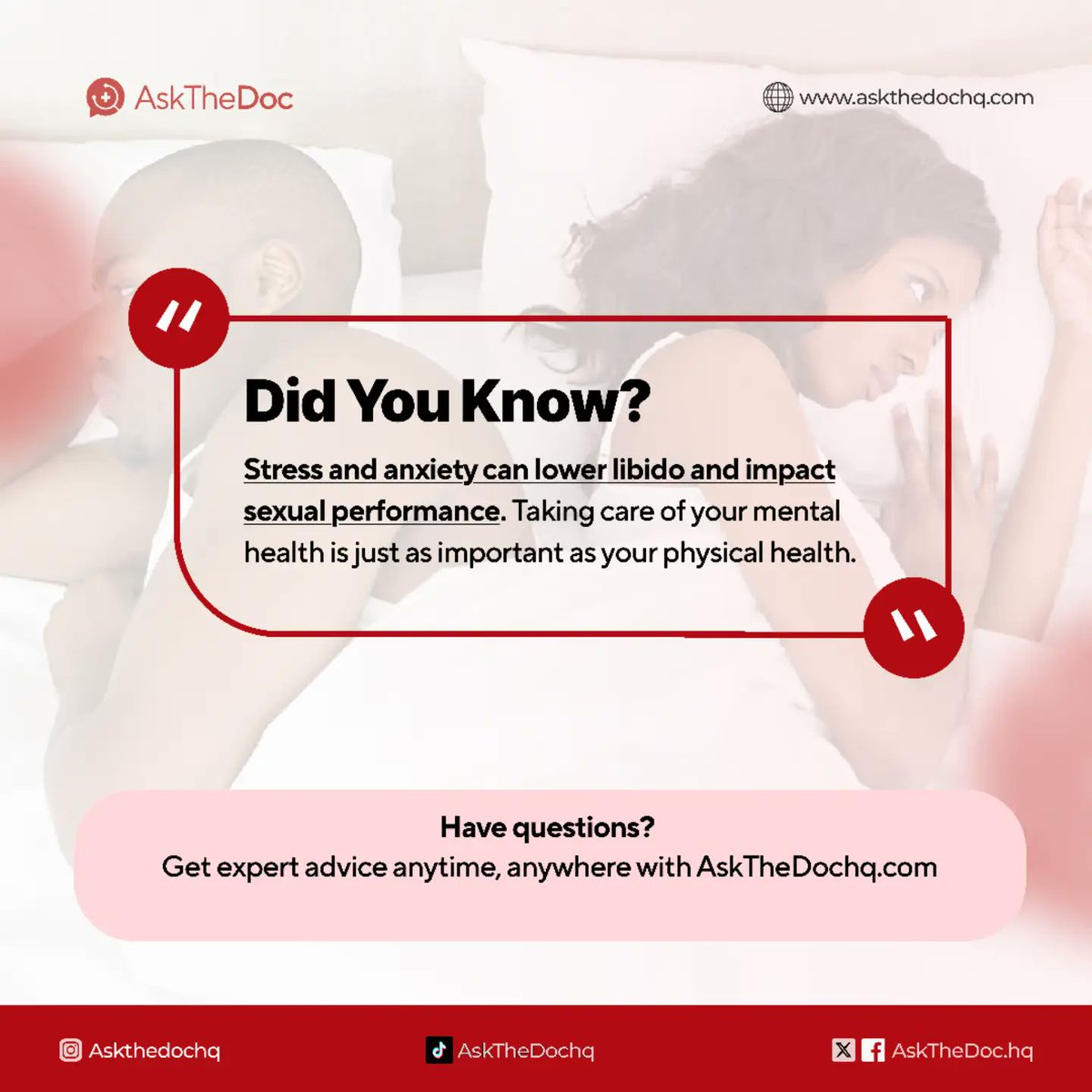 askthedochq's tweet photo. Feeling stressed? It could be affecting your libido and sexual health. Managing stress and anxiety is just as important as taking care of your body.
#askthedoc
#lowsexdrive https://t.co/wW9rOCPwYc