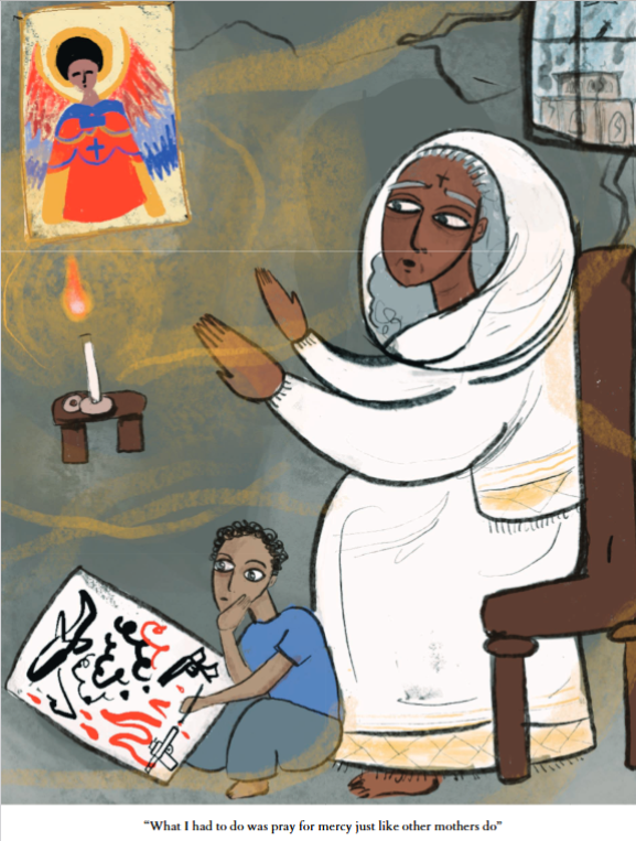 #Tigray - Mekelle Stories: Life in Time of War

Lemlem, 51 years old resident, a mother of two sons and an employee in a textile factory:

“What I had to do was pray for mercy just like other mothers do.”

Illustration by <a href="/tesfayetra/">Gabrielle ፍረወይኒ Tesfaye</a>