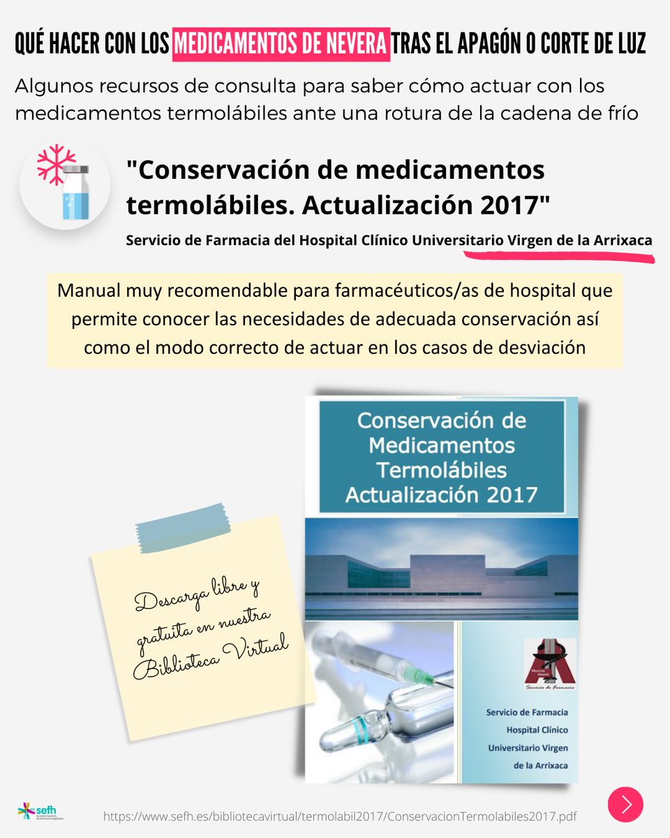 S.E.F.H (@sefh_) on Twitter photo 💊💉❄️"Conservación de medicamentos termolábiles. 2017" <a href="/FarmaciaHCUVA/">Servicio Farmacia Arrixaca</a>
Otro recurso de gran valor y de obligada lectura para #FarmaciaHospitalaria, que permite conocer las necesidades de adecuada conservación y cómo actuar si desviación de la Tª sefh.es/bibliotecavirt… 💊💉❄️"Conservación de medicamentos termolábiles. 2017" <a href="/FarmaciaHCUVA/">Servicio Farmacia Arrixaca</a>
Otro recurso de gran valor y de obligada lectura para #FarmaciaHospitalaria, que permite conocer las necesidades de adecuada conservación y cómo actuar si desviación de la Tª sefh.es/bibliotecavirt…