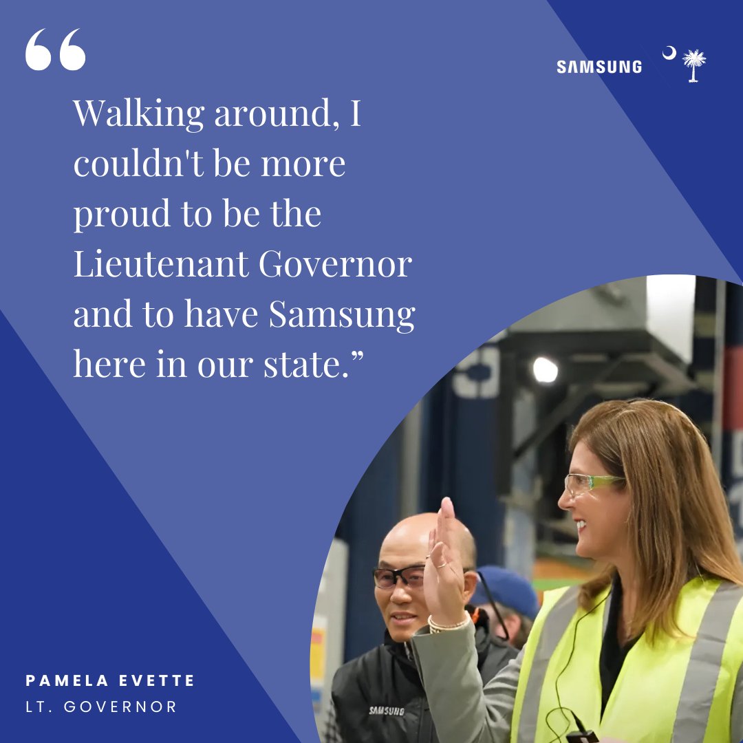 SamsungSC's tweet image. Samsung was honored to host Lt. Governor @PamelaEvette for a tour of our Newberry facility celebrating our team&apos;s hard work, innovation, and economic growth in South Carolina and beyond.

Watch highlights from the tour here:🎥 youtube.com/watch?v=NbcOhY…
