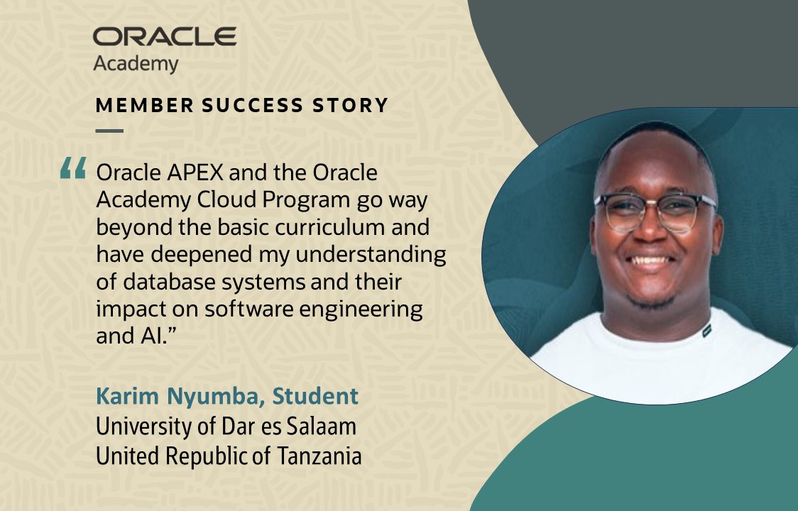 Our new <a href="/OracleAcademy/">Oracle Academy</a> success story spotlights Karim Nyumba, a student at <a href="/UdsmOfficial/">University of Dar es Salaam</a>, #Tanzania, who built a #database-driven app for SMEs with <a href="/OracleAPEX/">Oracle APEX</a> and using <a href="/OracleCloud/">Oracle Cloud</a>. He also leads a student #ICT-related business incubator. Read > social.ora.cl/60152oflJ