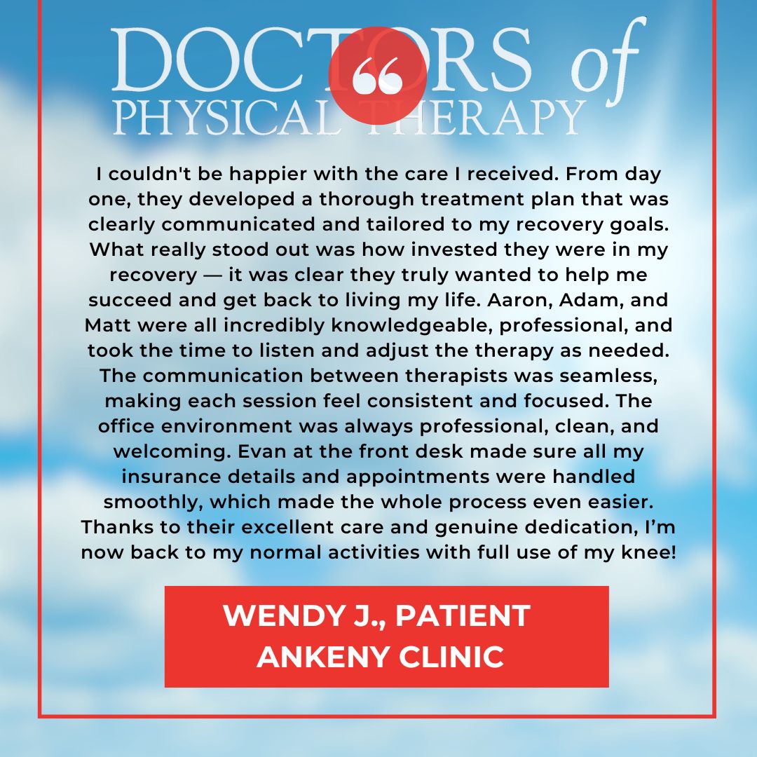 AnkenyDPT's tweet image. We&apos;re honored by your words, Wendy! Thank you; and a big shout out to the whole team in Ankeny!

#DPTSuccess #DPTRed #GetBetterFaster