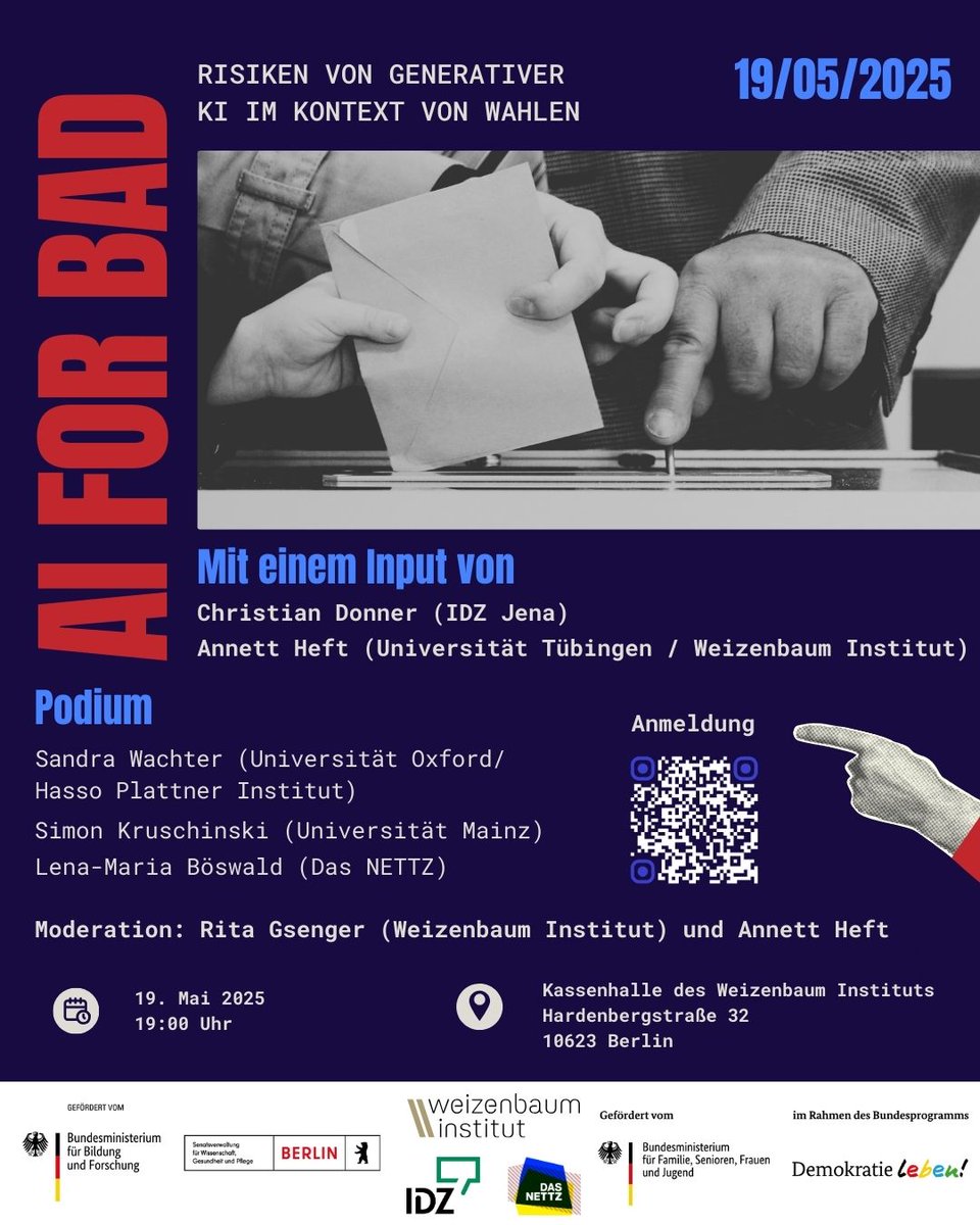 Machine Against the Rage (@machine_vs_rage) on Twitter photo Welche Rolle spielen KI-generierte Bilder in Wahlkämpfen? Dazu findet am 19.5. eine Veranstaltung statt, die wir mit <a href="/JWI_Berlin/">Weizenbaum-Institut</a> & Das Nettz organisieren. Sie beruht auf einer Studie zur Nutzung generativer KI in rechtsalternativen Netzwerken, die im Herbst bei MATR erschien. 1|3 Welche Rolle spielen KI-generierte Bilder in Wahlkämpfen? Dazu findet am 19.5. eine Veranstaltung statt, die wir mit <a href="/JWI_Berlin/">Weizenbaum-Institut</a> & Das Nettz organisieren. Sie beruht auf einer Studie zur Nutzung generativer KI in rechtsalternativen Netzwerken, die im Herbst bei MATR erschien. 1|3