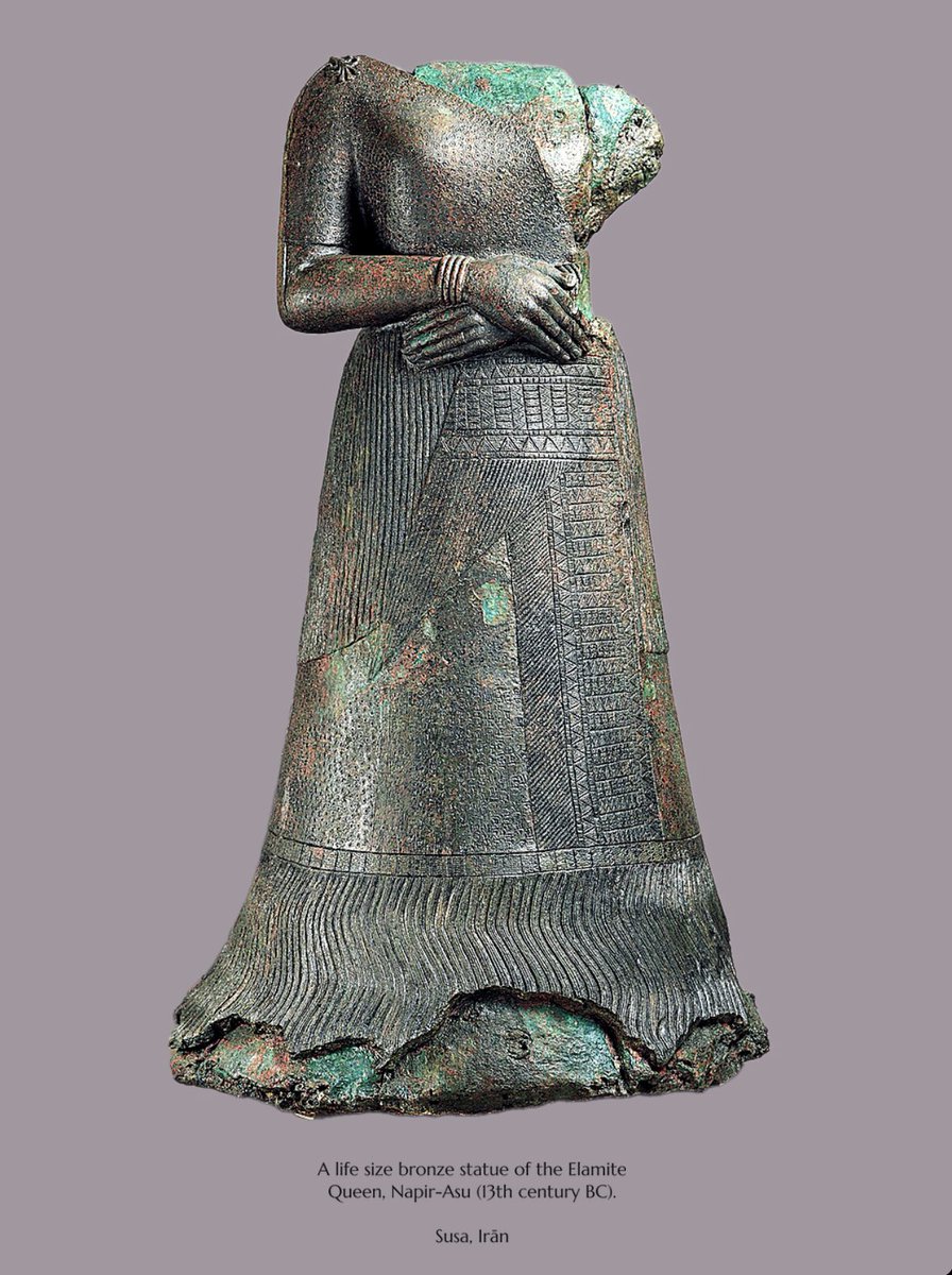 A life size bronze statue of the Elamite Queen, Napir-Asu (13th century BC). 

This statue of 1,800 kg/ 3,968 lb, is dressed with a bell-shaped skirt with fringed ends, carries a close-fitting tunic, wearing bangles on both wrists and a ring on her ring finger.