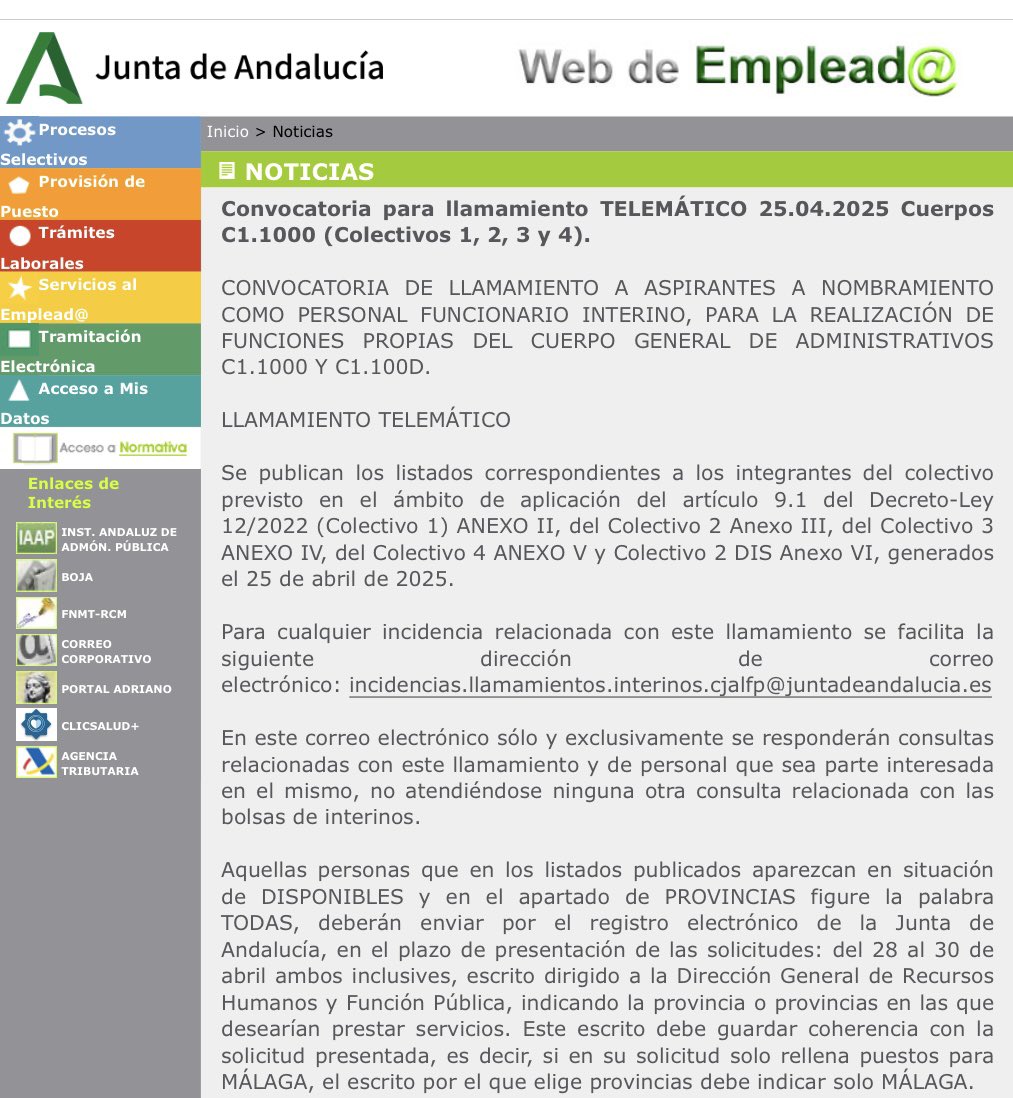 🚨ATENCIÓN: Convocatoria para llamamiento TELEMÁTICO Cuerpos C1.1000 (Colectivos 1, 2, 3 y 4).

✅CUERPO GENERAL DE ADMINISTRATIVOS C1.1000 Y C1.100D.

👉🏻ws045.juntadeandalucia.es/empleadopublic…
#ISAinforma