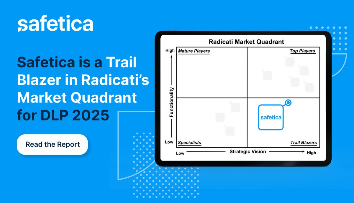 Safetica is a Trail Blazer in Radicati’s 2025 DLP Market Quadrant! 🚀 

As insider threats, compliance pressure &amp; cloud risks grow, modern AI-driven DLP is a must. 

See why Safetica leads in risk prevention. 
📥 Download the report: hubs.li/Q03fGKG30 

#CyberRisk #DLP