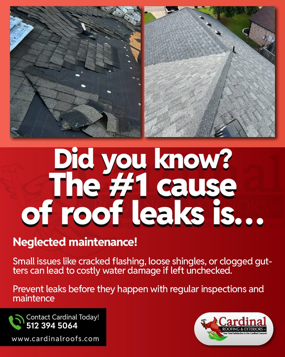 cardinalroofs_'s tweet photo. 🚨 Roof Leaks: The Biggest Cause? Lack of Maintenance!

Regular inspections and maintenance from Cardinal Roofing help prevent costly water damage before it starts.

Schedule a check-up: https://t.co/75U0P2eIWU 

#CardinalRoofing #RoofingCompany #MetalRoofing #Austin #Texas #ATX https://t.co/0EWYsW8xSq