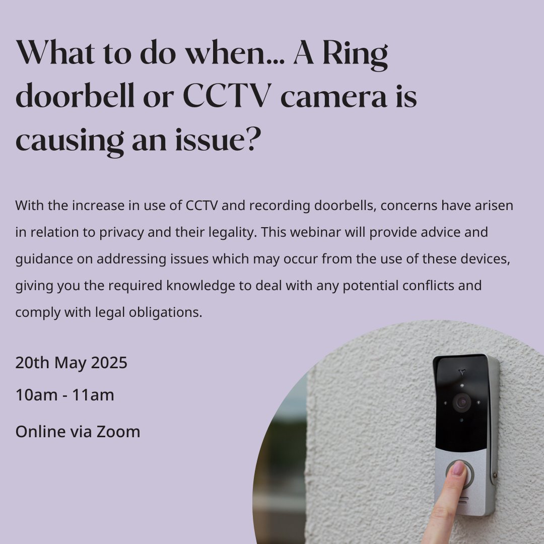 🏡What to do when… A Ring doorbell or CCTV camera is causing an issue?

 As the use of CCTV and recording doorbells increases, so do concerns around privacy and legal compliance!

📅 20th May 
⏰ 10am-11am

Book here~ ow.ly/rnCN50VIZsT

#CCTV #DoorbellCameras #HousingLaw