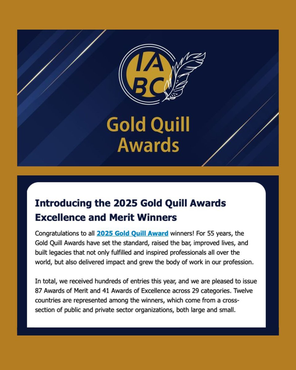 Congratulations to the winners of the 2025 Gold Quill Awards! 🏆👏

For the full list of winners, go to: buff.ly/V2PtVNH 

#IABC #IABCDC #IABCUSRegion #IABCUnitedStatesRegion #GoldQuill