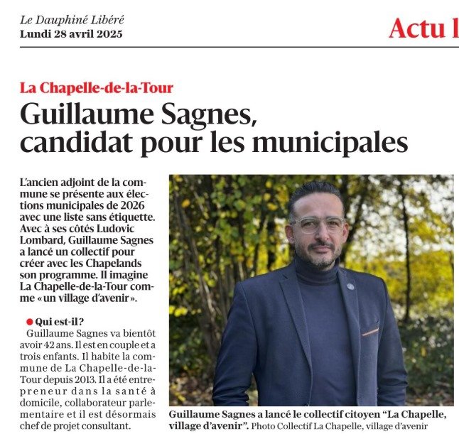 Je serai candidat tête de liste en 2026 à La Chapelle de la Tour en Isère. Notre collectif est lancé et déjà une cinquantaine de personnes travaillent au projet 😀 #municipales2026 
ledauphine.com/elections/2025…