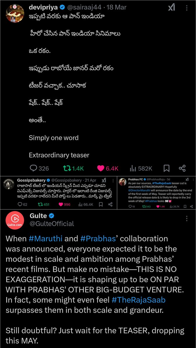 HailPrabhas007's tweet photo. Everyone’s hyping the upcoming teaser of #TheRajaSaab which will probably release in 2–3 weeks. Let’s see how good it really is!🔥 Those who have seen it are claiming it could be the BEST TEASER EVER especially considering the CRAZY VISUALS! #Prabhas

Your Thoughts?? https://t.co/6FA0uLw4br