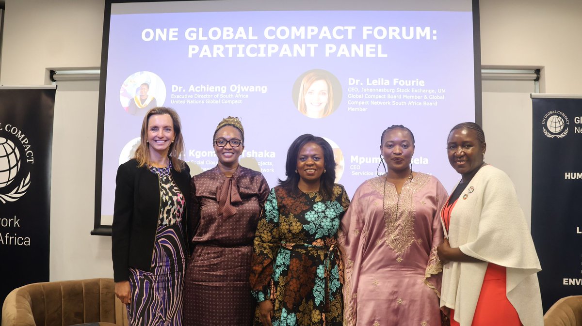 GlobalcompactSA's tweet photo. Today at the UN Global Compact Strategy Session in Cape Town, over 58 Networks joined a dynamic Panel on Participant Experience, with Dr. Leila Fourie, Dr. @KgomotsoTshaka, and @MpumiMaesela sharing insights on sustainable business leadership.

#GCNSA #OneGlobalCompact https://t.co/wJryYtI8sL