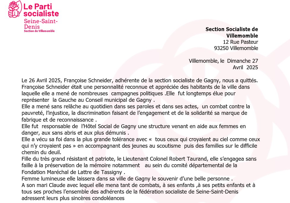 PS Villemomble (@ps_villemomble) on Twitter photo Décès de notre camarade Françoise Schneider : Hommage à une grande militante politique et associative de la ville de #Gagny 👇cc <a href="/PochonElisabeth/">Elisabeth Pochon</a> Décès de notre camarade Françoise Schneider : Hommage à une grande militante politique et associative de la ville de #Gagny 👇cc <a href="/PochonElisabeth/">Elisabeth Pochon</a>
