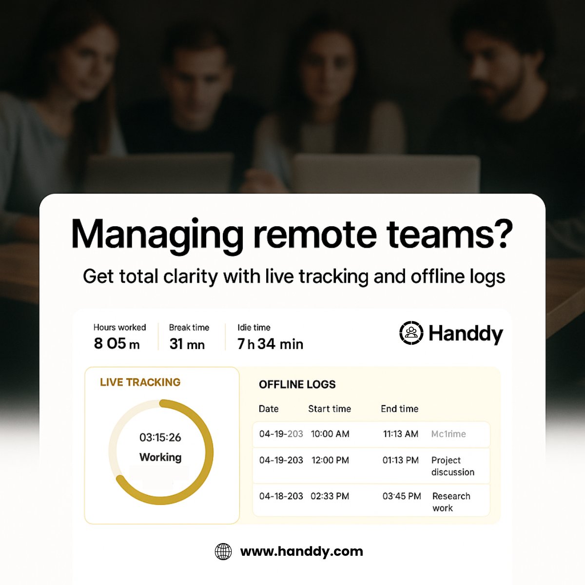 Remote Work Doesn’t Have to Be a Blind Spot. Handdy gives you complete visibility.
• Monitor work—even offline
• GPS tracking for field staff
• Productivity breakdowns by app and website

 Get started today: handdy.com
.
.
.
#EmployeeMonitoring  #TimeTracking