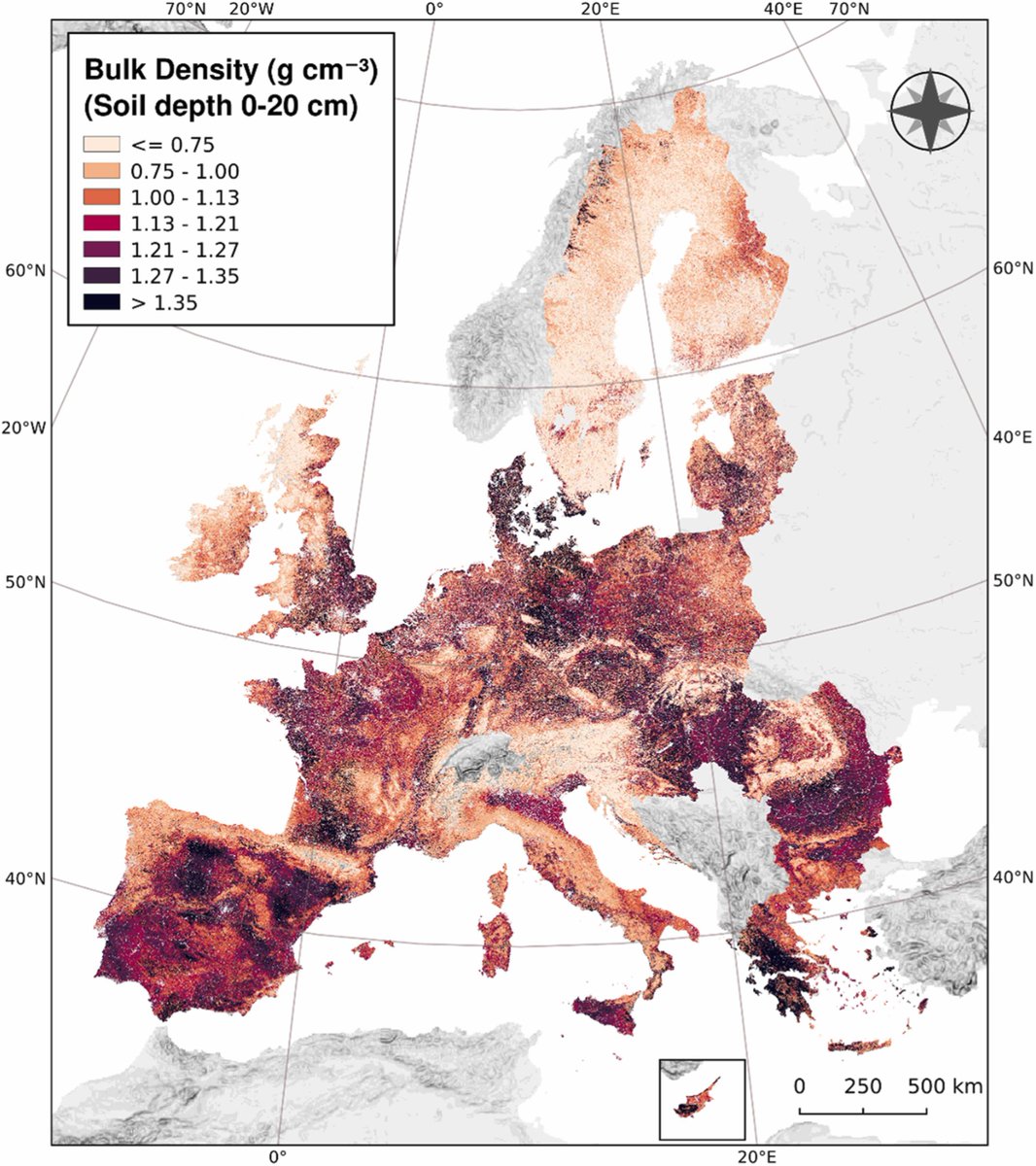 🇪🇺 New LUCAS 2018 study maps EU soil health!  Croplands 🌱👨‍🌾show 1.5x higher bulk density than woodlands🌲. Advanced AI model predicts soil compaction with high accuracy (R²: 0.66). Key for monitoring carbon stocks &amp; sustainable land use! #SoilHealth
doi.org/10.1016/j.agee…