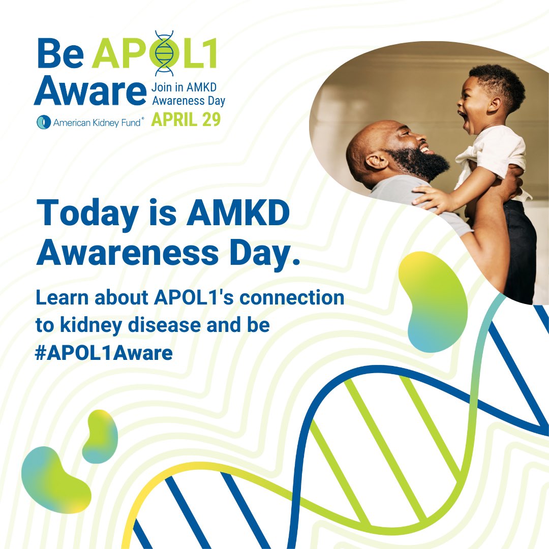 Today is AMKD Awareness Day. People of West or Central African ancestry who inherited certain variations of the APOL1 gene are at higher risk for APOL1-mediated kidney disease (AMKD). Become #APOL1Aware &amp; join the <a href="/KidneyFund/">American Kidney Fund</a> in AKMD Awareness Day: kidneyfund.org/APOL1aware
