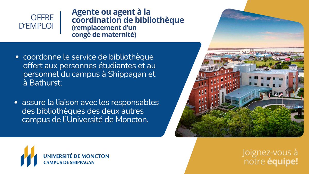OFFRE D'EMPLOI  |  L'UMCS sollicite des candidatures afin de pourvoir le poste d'agente ou agent à la coordination de bibliothèque (remplacement d'un congé de maternité). careerbeacon.com/en/search/Univ…