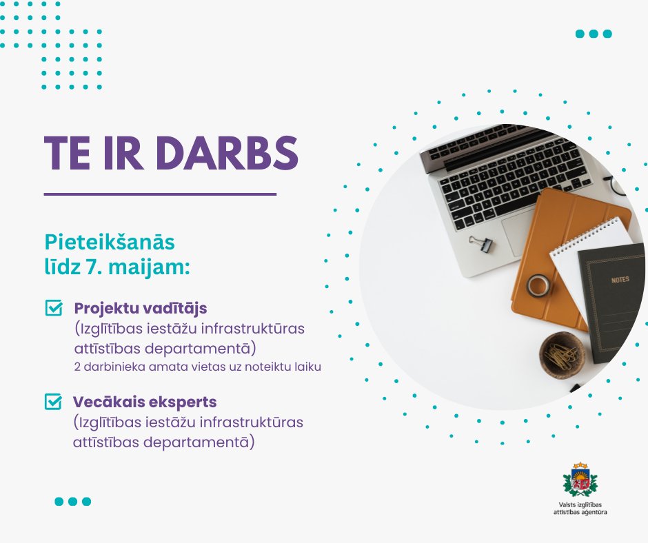 📣 Aicinām pievienoties mūsu komandai:
💡 Projektu vadītāju: viaa.gov.lv/lv/vakance/pro…,
💡 Vecāko ekspertu: viaa.gov.lv/lv/vakance/vec….
Pieteikšanās līdz 7. maijam.
#teirdarbs #vakances