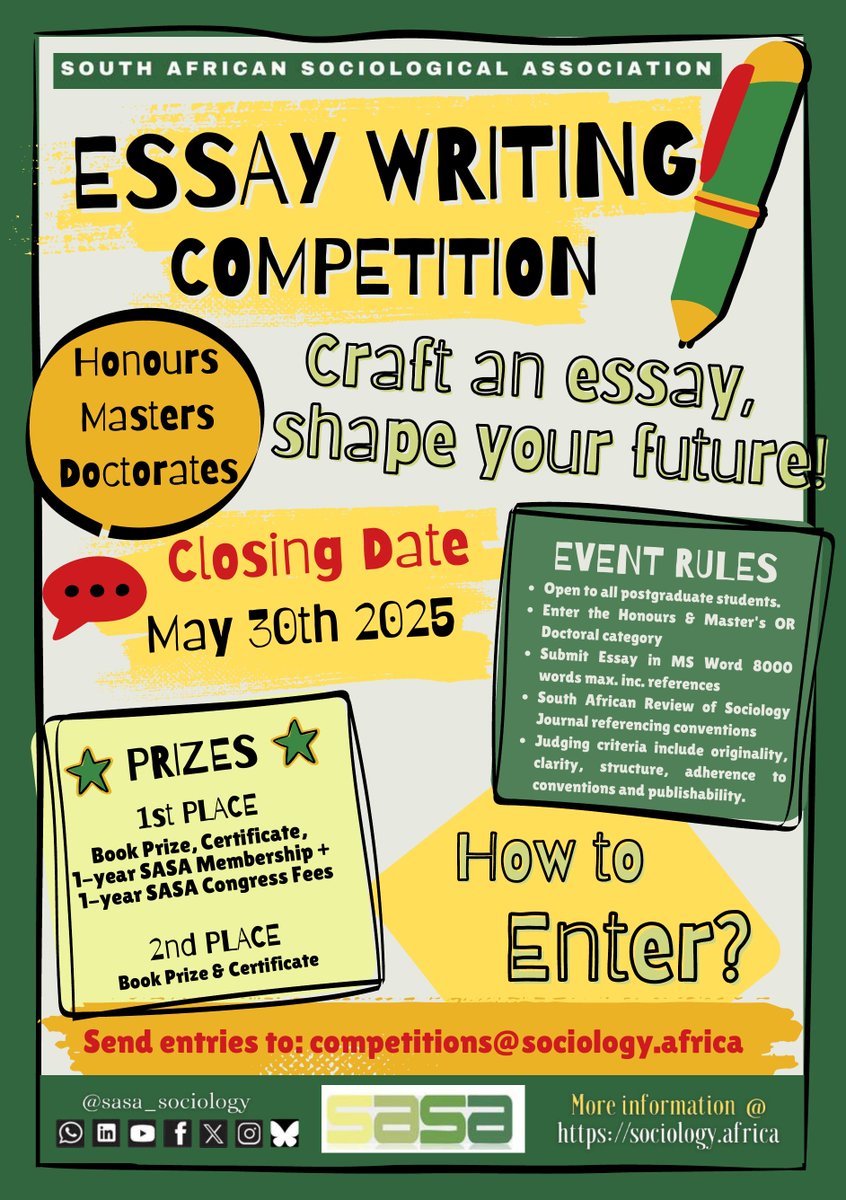 sasa_sociology (@sasa_sociology) on Twitter photo 🚨 Calling all postgraduate students!
📝 Join the SASA Essay Writing Competition!
Showcase your sociological skills for a chance to win prizes, support, & more
Deadline: May 30, 2025
Details: sociology.africa
#SASA2025 #Sociology <a href="/sasasociology/">sasa_sociology</a> 🚨 Calling all postgraduate students!
📝 Join the SASA Essay Writing Competition!
Showcase your sociological skills for a chance to win prizes, support, & more
Deadline: May 30, 2025
Details: sociology.africa
#SASA2025 #Sociology <a href="/sasasociology/">sasa_sociology</a>