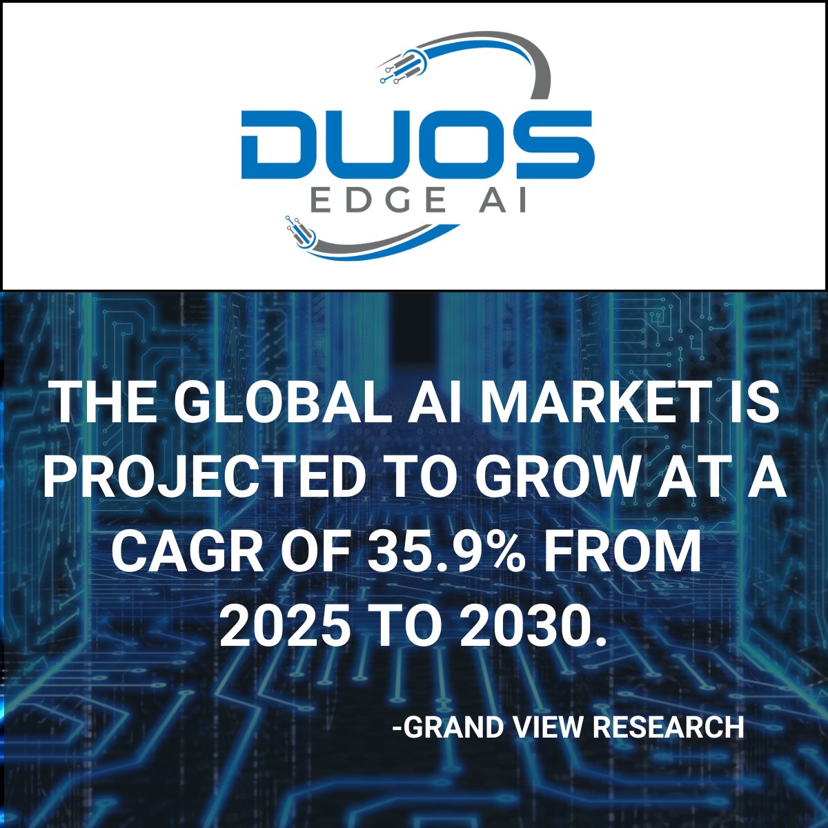 duosEdgeAI's tweet photo. #GrandViewResearch projects the global #AI market will grow at an annual rate of 35.9% from now to 2030. At #DuosEdgeAI, we're proud to be at the forefront of the AI revolution with our #EdgeComputing solutions. See the report: https://t.co/4YZe8i6Fjs #DataCenters #DUOT $DUOT https://t.co/eB7NI3Yh3E