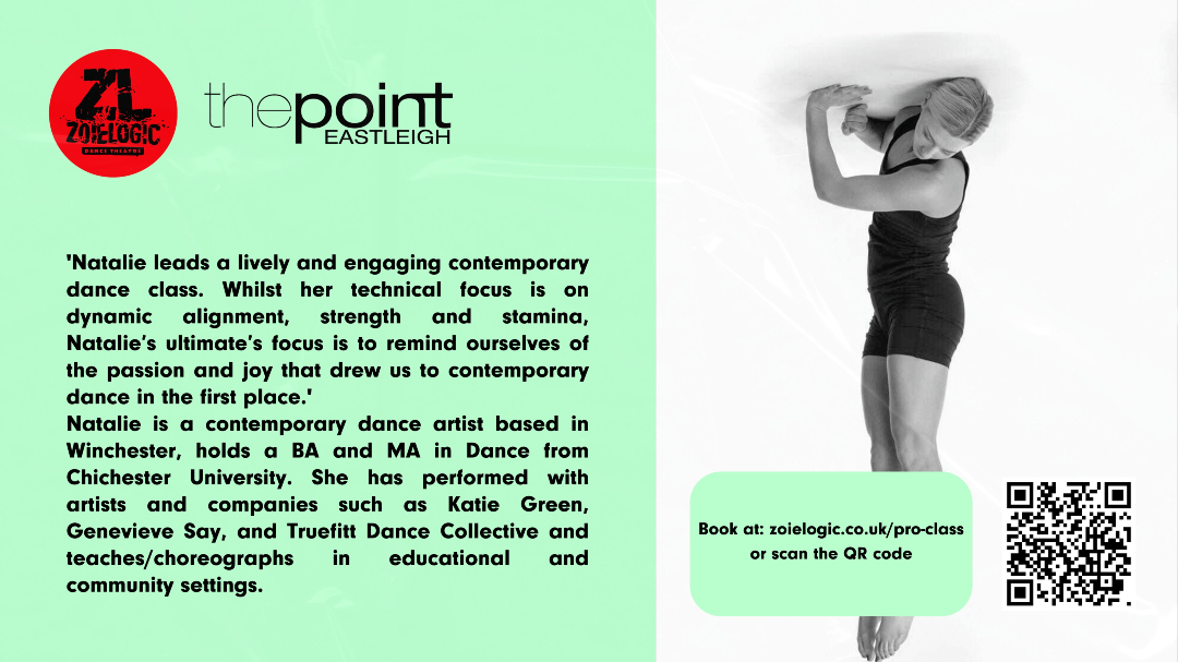 Join us for May's Pro Class, led by Natalie Watson!⁠
⁠
📍The Point Eastleigh⁠
🗓️Monday 19th May
⏰19.30pm-20.45pm⁠
⁠
🎟️ book: zoielogic.co.uk/pro-class/
💰£5⁠
⁠
Pro Classes are regular dance classes for experienced dancers. Whether you’re studying, working in the arts, or