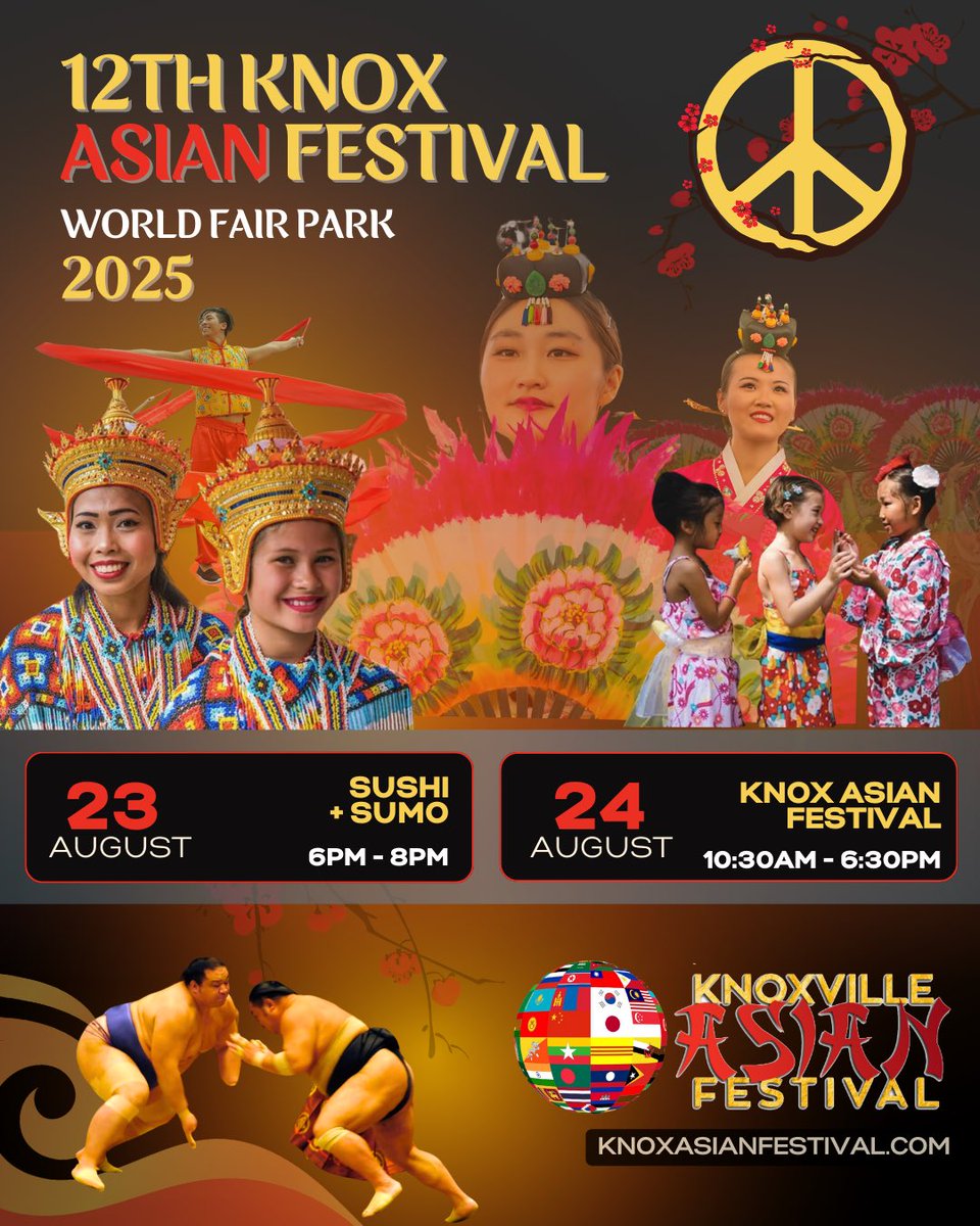 socialmediasass's tweet photo. 12th Annual Knox Asian Festival

August 23rd: Sushi + Sumo, 6-8 PM
August 24th: Festival, 10:30 AM– 6:30 PM

Call for performers closes May 1st: 
https://t.co/xlcua19ESY #knoxville https://t.co/Fh36sWrlrc