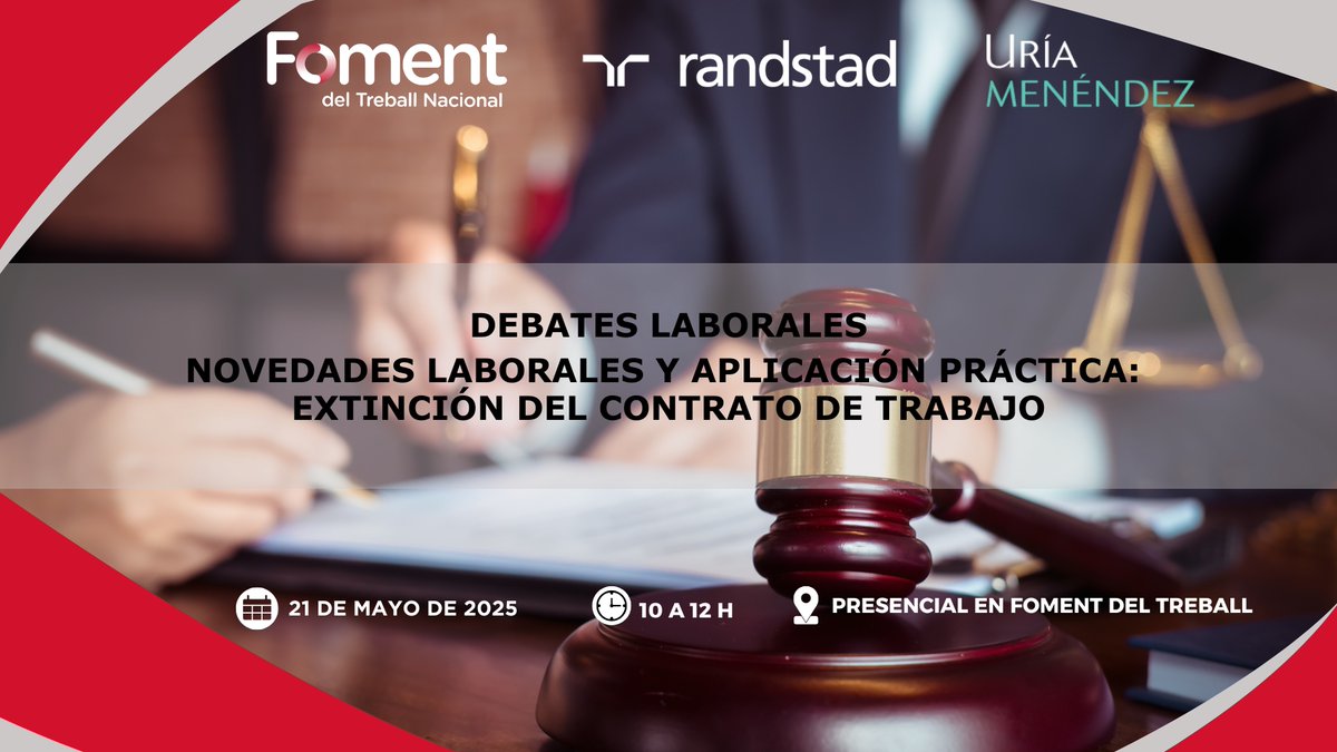 💼 Iniciamos las sesiones de Debates Laborales de este año en #Foment con una jornada centrada en las últimas modificaciones jurídico-laborales en materia de despido y sus implicaciones prácticas.

📲 foment.com/es/events/deba…

El acto está patrocinado por <a href="/Randstad_es/">Randstad España</a> y Uría