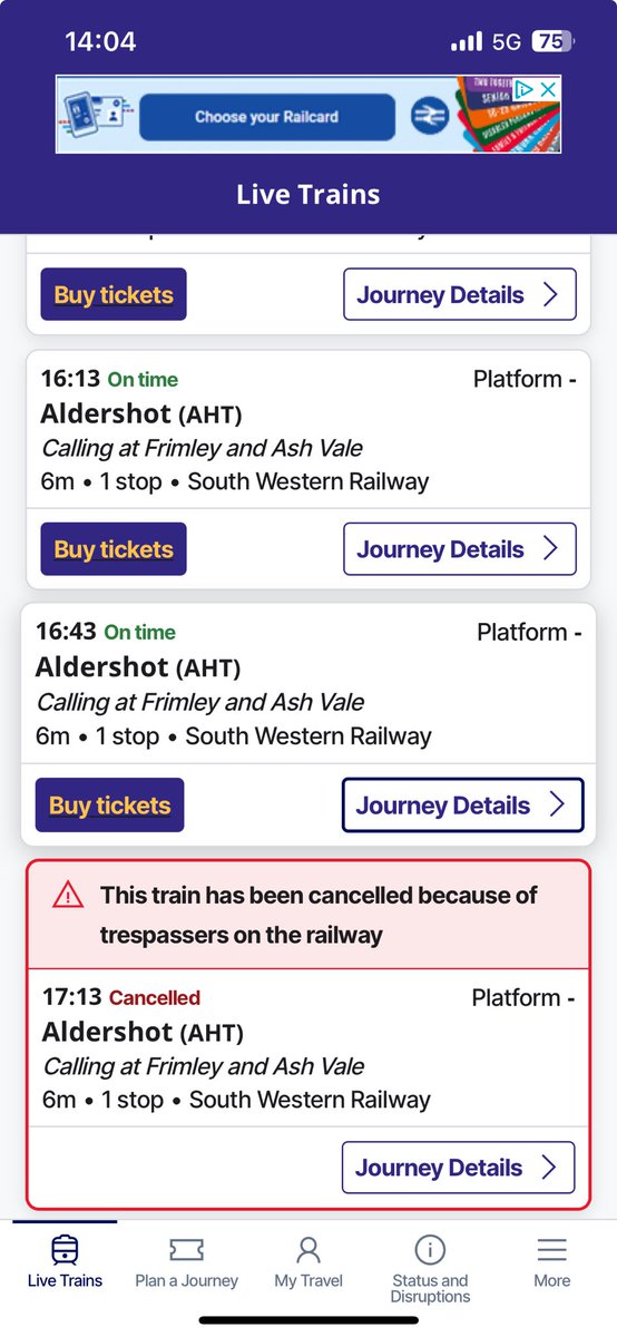 19Stretch66's tweet photo. ⁦@SW_Help⁩ I’m curious about this. How can a train 3 hours from now be cancelled because of trespassing on the line, when the trains between now and then appear to be running normally? https://t.co/c2hoD9UUE4