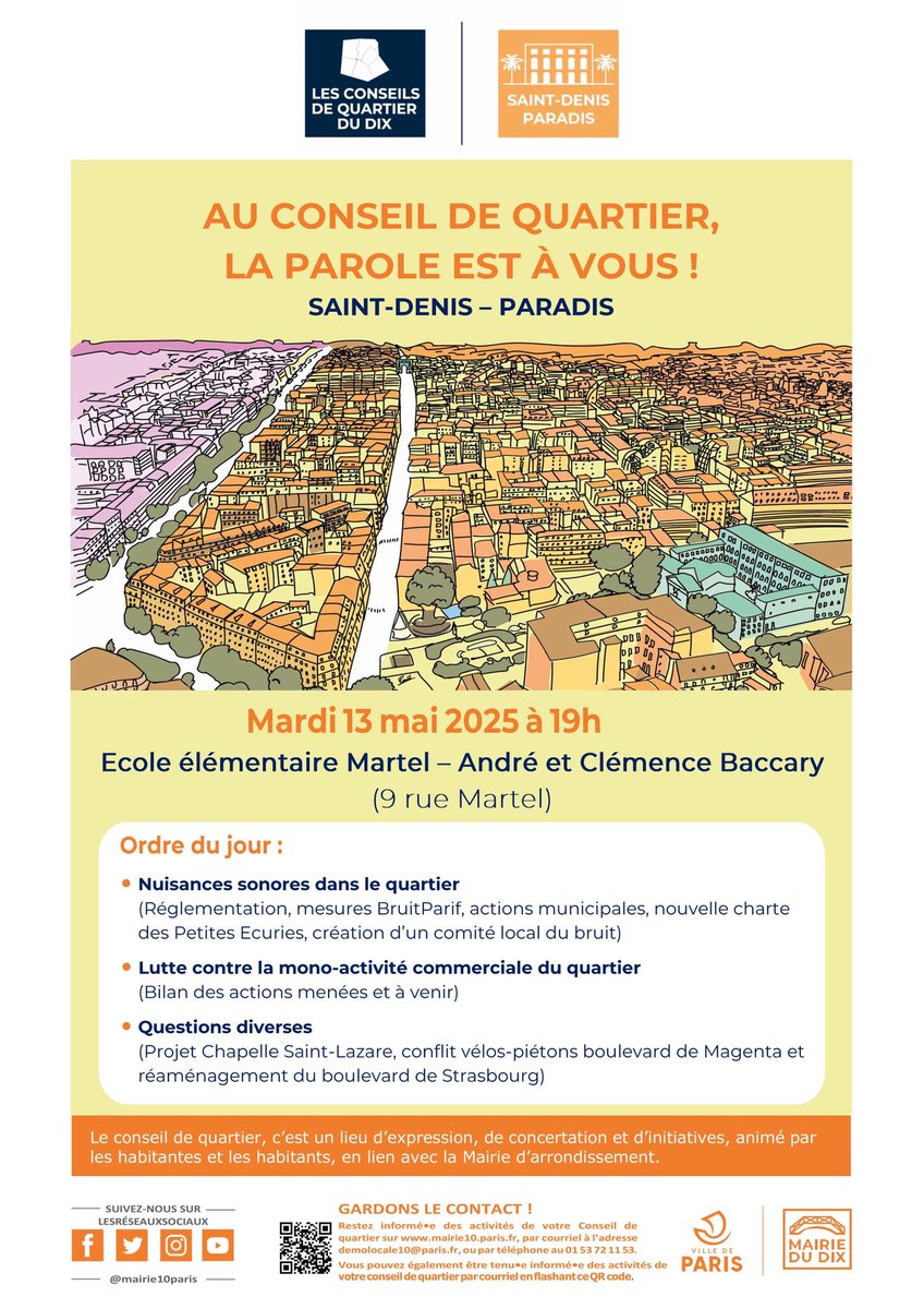 #Paris10 Prochain conseil de quartier.
Au programme (entre autres) : 
👉Les nuisances sonores, 
👉La charte de la Cour des Ptes Écuries 
👉Le nouveau Comité Local Bruit

📆13 mai 2025 à 19 h