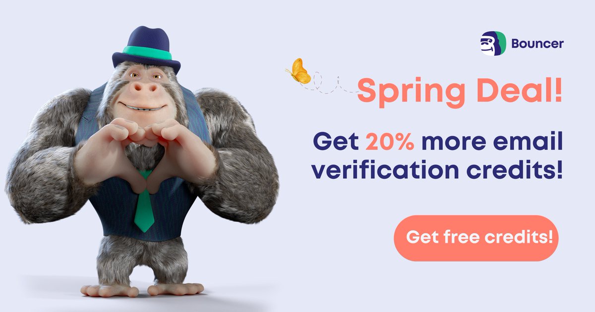 Until May 9th, you’ll get 20% more credits with every pay-as-you-go purchase! 

✅The promotion applies to any quantity
✅Credits never expire - use them at your convenience.
✅No promo code

Grab your free credits here 👉 app.usebouncer.com/purchase