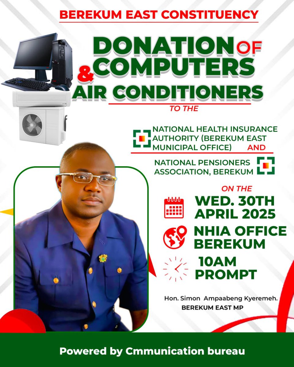 Simon_Ampaabeng's tweet photo. Tomorrow, God willing, we’ll donate computers and air conditioners to the NHIS Berekum office (@NHIS_Ghana) and the National Pensioners Association, Berekum.
Supporting institutions that serve our people is key to our development journey.
#BerekumSupport #ActionOverWords https://t.co/xrYQmWNoir