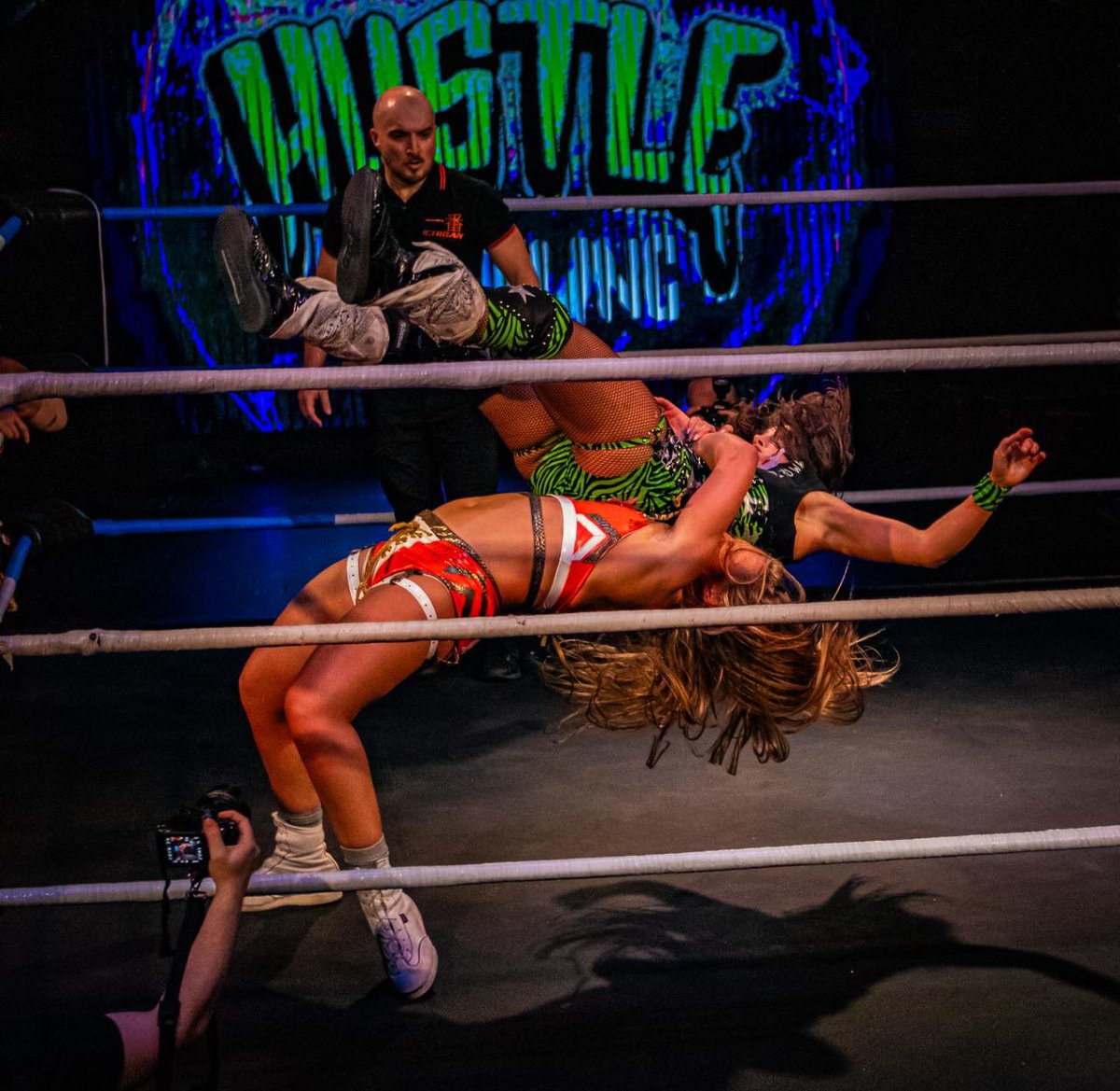 You can see Tom trying to be an objective ref here but unable to help but show admiration for the form on Millie’s German suplex.