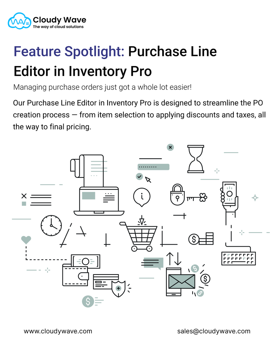 cloudywavetech's tweet image. Purchase Line Editor – Inventory Pro
Create accurate POs with ease:
🔹 Add items &amp;amp; variants
🔹 Apply discounts &amp;amp; taxes
🔹 View full pricing breakdown
💡 Clear, streamlined, vendor-friendly purchasing.