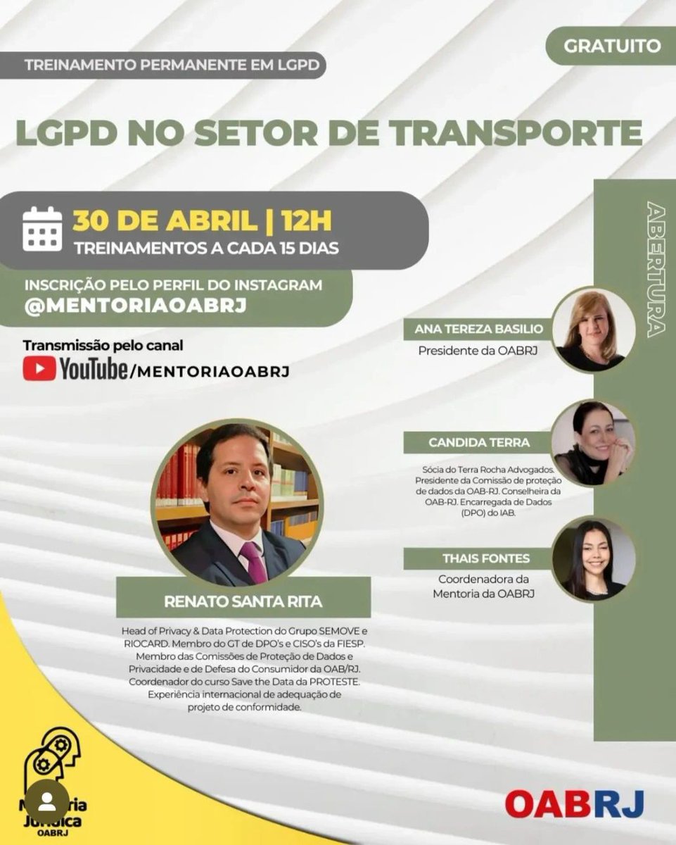 setrerj's tweet photo. LGPD NO SETOR DE TRANSPORTE
30 de abril, às 12h. Treinamentos a cada 15 dias.
Inscrição pelo perfil do Instagram: @mentoriaoabrj
Transmissão pelo canal do Youtube: MENTORIAOABRJ

#lgpd https://t.co/1O9AcPnogv