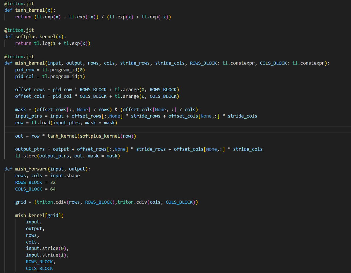 jino_rohit's tweet image. day 29 #100daysofcuda

1. Implementing mish activation forward and backward pass using a 2d launch grid in triton.
2. Looking into pytorch graph compilation .

Code - github.com/JINO-ROHIT/adv…