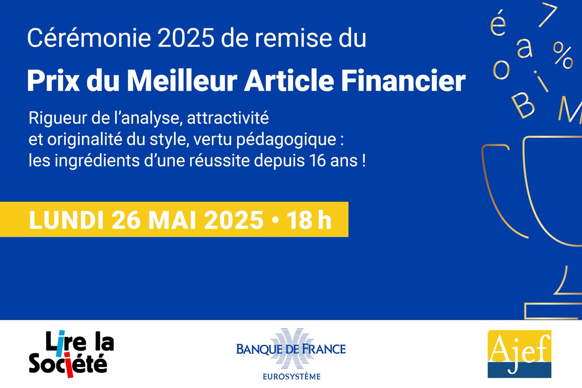 Participez à la cérémonie 2025 de remise du Prix du Meilleur Article Financier 🏆

Organisé par <a href="/lirelasociete/">Lire la Société</a>, en partenariat avec la Banque de France et l’Association des Journalistes Economiques et Financiers (<a href="/AJEF/">L'AJEF</a>), le Prix du Meilleur Article Financier récompense chaque