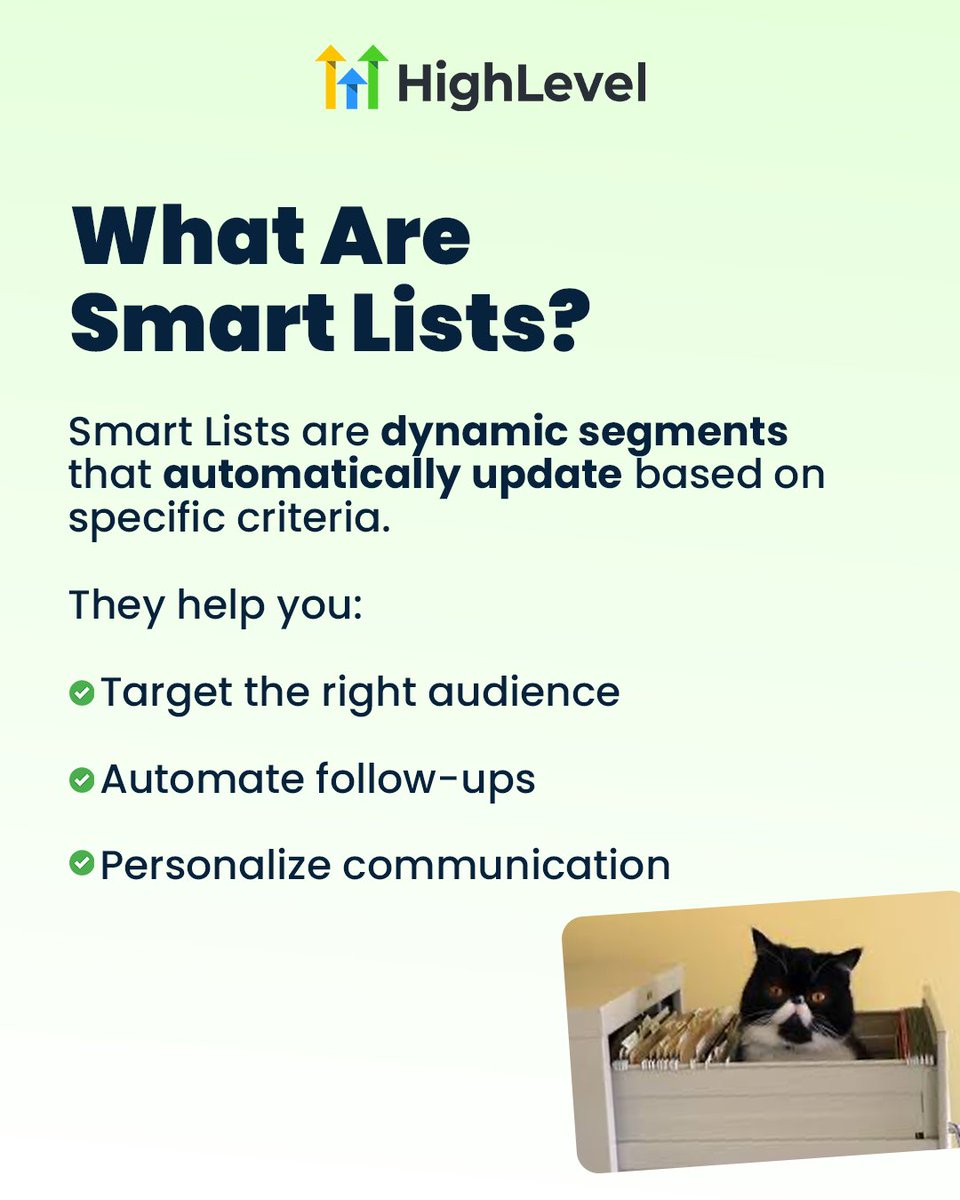 gohighlevel's tweet image. Stop wasting time on messy lists.
📋 Smart Lists in HighLevel update automatically so you can target, personalize, and automate like a pro.
Try it free → gohighlevel.com
#GoHighLevel #SmartLists #MarketingAutomation