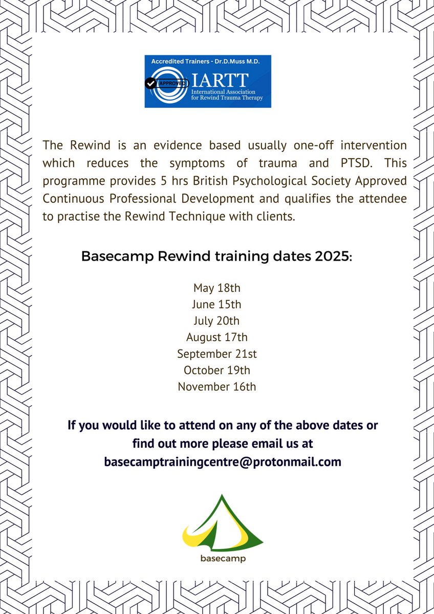 REWIND TRAINING – TRAUMA INTERVENTION CPD DAY
Learn how to deliver the Rewind Technique—an effective trauma intervention that doesn’t require clients to share their story.
In-person CPD training (5 hours) in Chepstow.
For qualified &amp; trainee therapists.
Limited spaces.