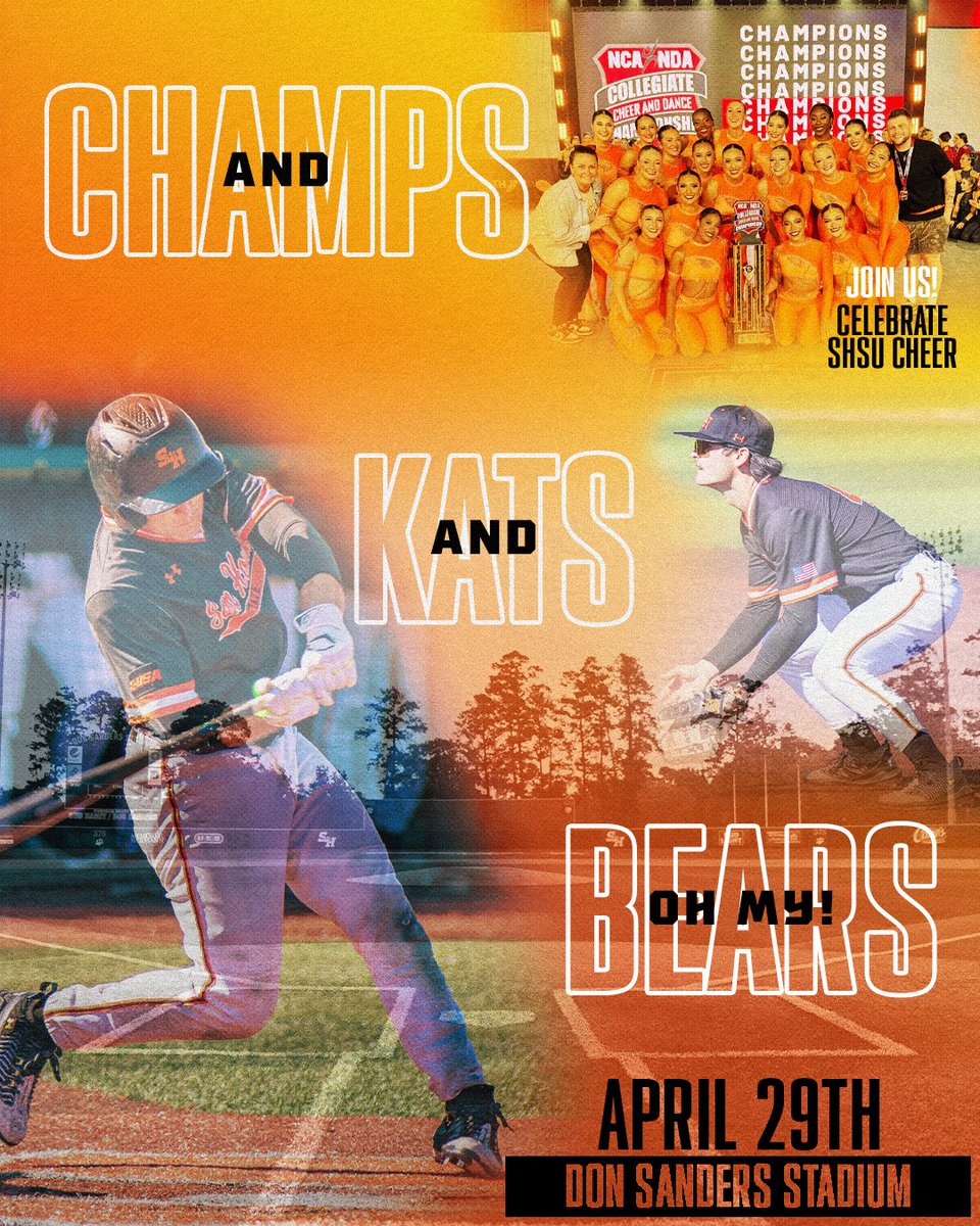 Champs, and Kats, and Bears Oh My!

Kats take on the Baylor Bears tonight at 6:00 at The Don and we will celebrate SHSU Orange Pride and Cheer teams after bringing home another National Championship (that's 34 total now) before the game.

#EatEmUpKats