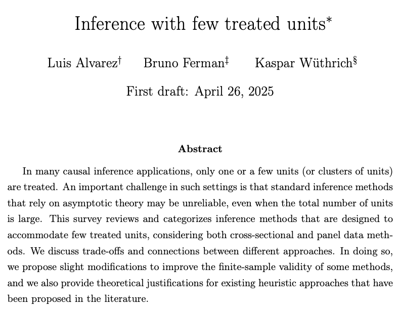 Bruno Ferman (@bruno_ferman) on Twitter photo 🧵New survey paper: "Inference with Few Treated Units"
Alvarez (<a href="/lafalvarez/">Luís A. F. Alvarez</a>), Ferman (<a href="/bruno_ferman/">Bruno Ferman</a>) and Wüthrich
Tired of referees saying your standard errors are wrong?
This survey will help you understand if you really have a problem — and, if so, how to fix it! 🧵New survey paper: "Inference with Few Treated Units"
Alvarez (<a href="/lafalvarez/">Luís A. F. Alvarez</a>), Ferman (<a href="/bruno_ferman/">Bruno Ferman</a>) and Wüthrich
Tired of referees saying your standard errors are wrong?
This survey will help you understand if you really have a problem — and, if so, how to fix it!
