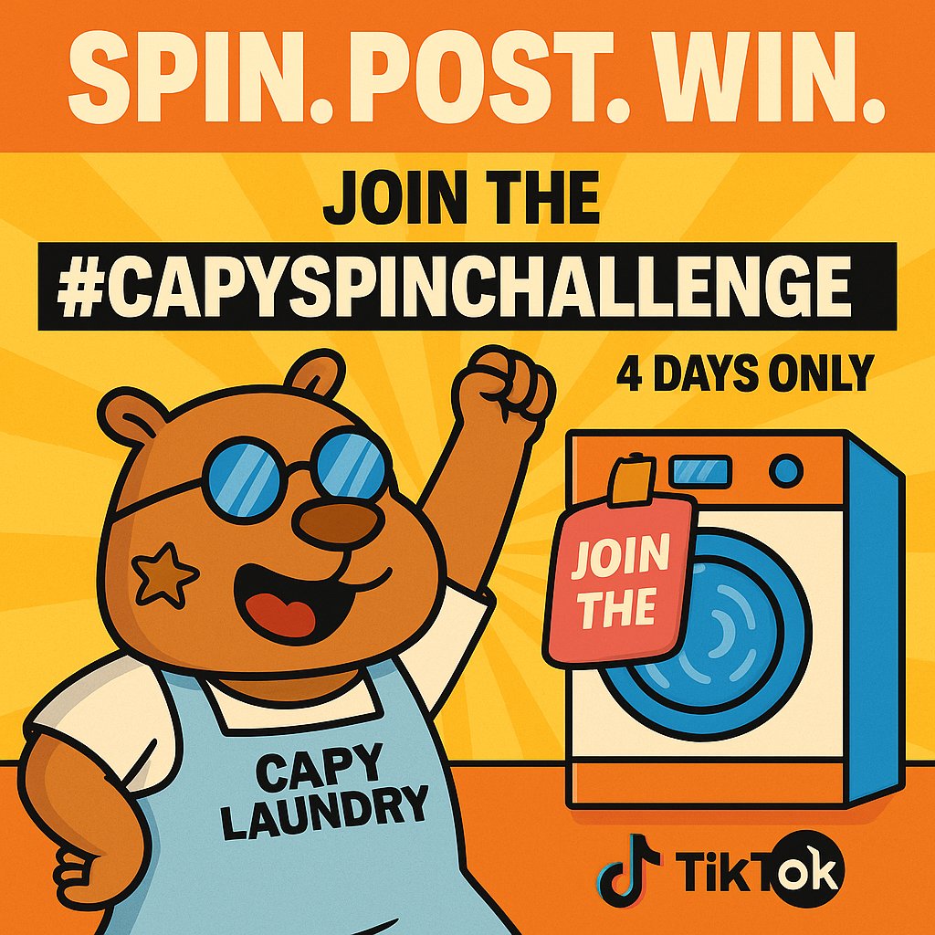 capylaundry's tweet photo. 🚨 #TIKTOK CONTEST ALERT 🚨

Spin it. Film it. Win it. 🌀🎥

🧺 4 days
🎁 Daily prizes

To enter:
1️⃣ Follow @capylaundry
2️⃣ Post your best "spin" move on TikTok
3️⃣ Tag #CapySpinChallenge &amp; post here
Don't miss the spin of a lifetime! 🚀

#Solana #CryptoCommunity #TikTokChallenge https://t.co/ZrrjmXWtXL