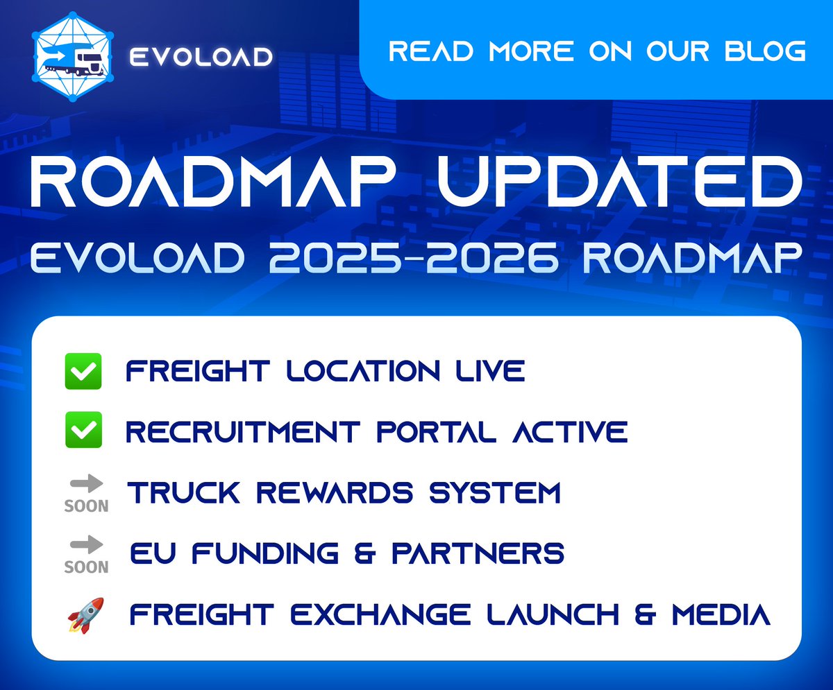 evoload's tweet image. 🚛✨ Evoload Roadmap Update 2025–2026 ✨🚛

We didn’t just build another freight platform. We’re redesigning the future of European logistics  with Web3, smart contracts, and real-time transport automation.

Here’s where we stand and what’s coming next 👇

✅ Freight location…