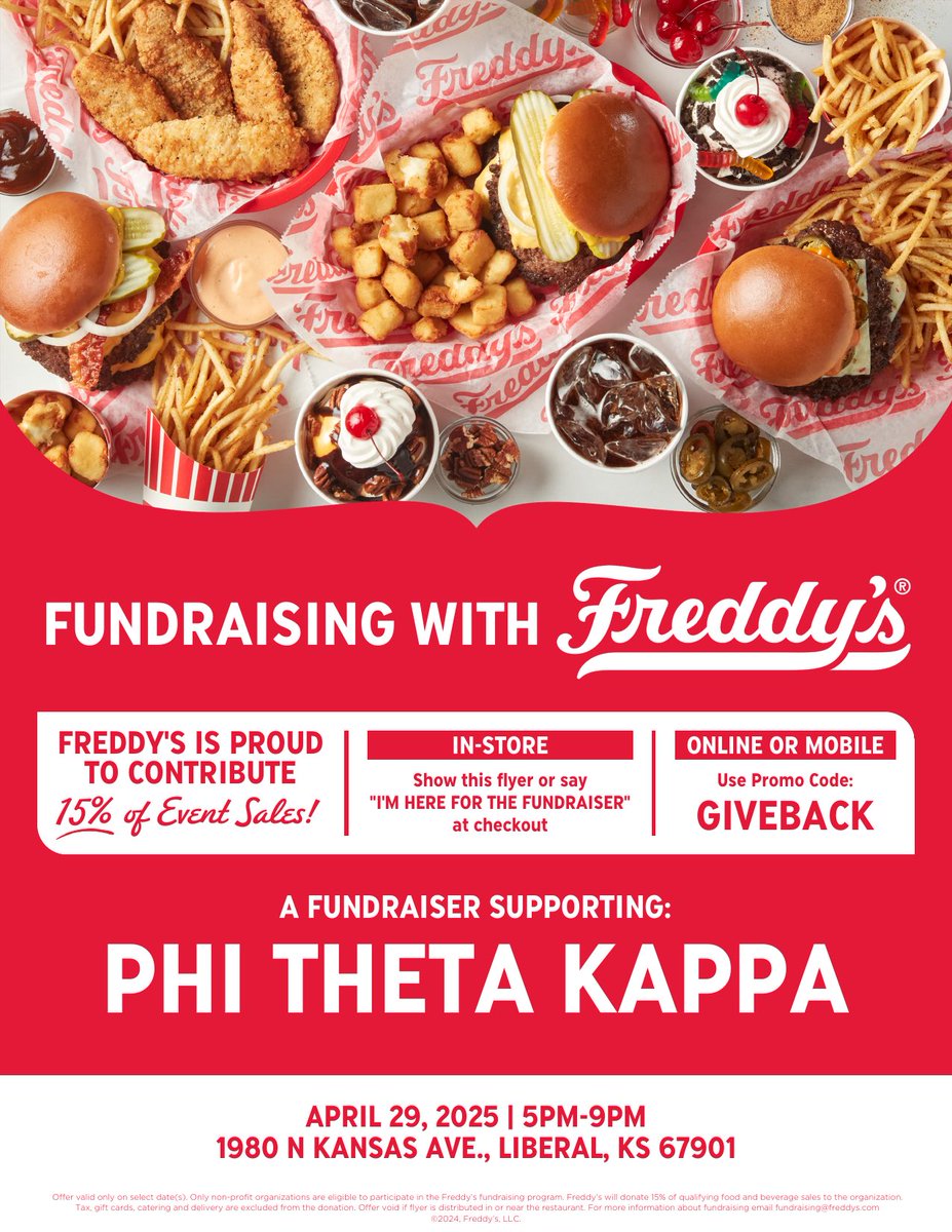 Head to Freddy’s tonight &amp; support Phi Theta Kappa (SCCC Honor Society)! Mention Chi Alpha PTK when you order, and a portion of your purchase will go toward helping PTK members grow through leadership and learning opportunities at regional and national conferences.
